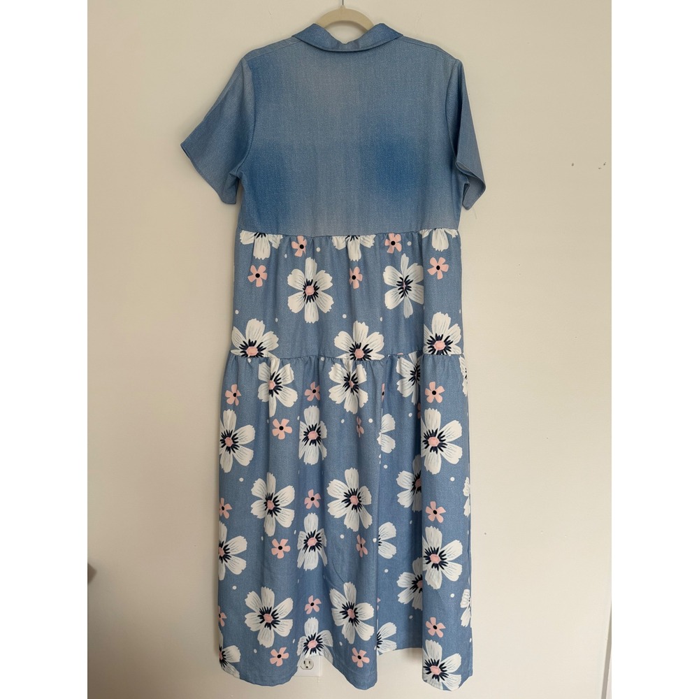 NWOT Womens Shirt Maxi Dress Large Blue Faux Denim Pink Floral Shein Cottagecore - Picture 2 of 11